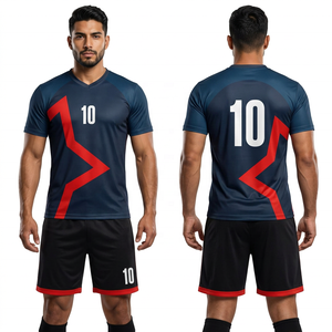 Ensemble de maillot de football unisexe bleu marine à manches courtes, col mandarin, imprimé géométrique, polyester respirant, taille élastique - Product Image 1