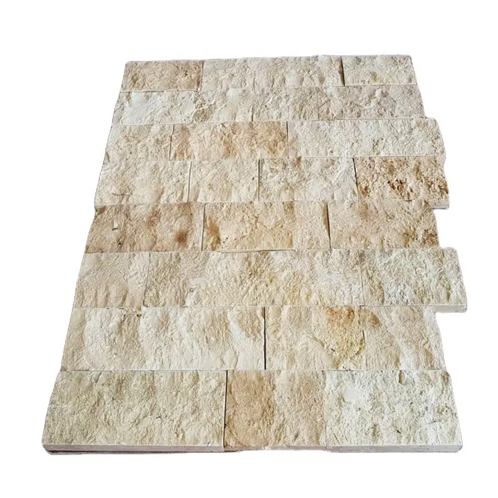 Cahaya Travertine Split Wajah Natural Beige Batu Bangunan Enterways Facade Panel Dinding Split Wajah Travertine Lembar CEM-SF-01-15