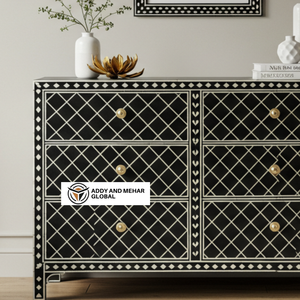 Commode à 6 tiroirs moderne en bois sculpté à la main avec incrustations d'os, motif géométrique noir, pour chambre à coucher, commode pour projets de vente au détail - Product Image 3