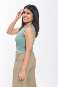 Top court sans manches côtelé turquoise pour femme Camisole en spandex léger extensible avec col rond idéal pour le style d'été - Product Image 5