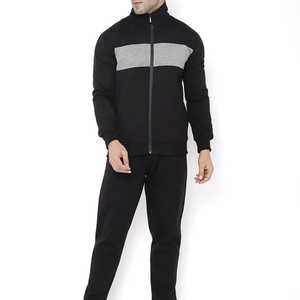 Men's Premium Black Grey Panel 100% Cotton Fleece Tracksuit Winter <b>Zipper</b> <b>Jacket</b> and Joggers Set - Product Image 1