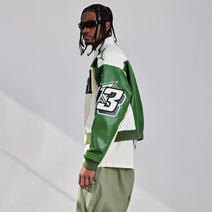 Chaqueta de alta calidad para hombre, estilo de carreras, chaqueta de Moto con bordado de letras de retazos personalizados, chaqueta de cuero Bomber PU para hombre - Product Image 3