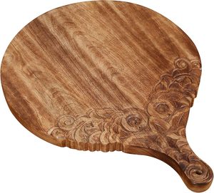 Nueva llegada Eco estilo redondo tallado madera de acacia tabla de cortar precio al por mayor bandeja de servicio mesa de comedor caja de embalaje uso de cocina - Product Image 2