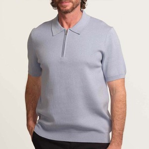Men's Light Blue Breathable Plus Size Jersey Knitted Short Sleeve for <b>Shirt</b> Casual Solid Color Zipper <b>Collar</b> - Product Image 1
