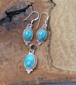 Boucles d'oreilles classiques pendentif ensemble bijoux pour femmes argent Boho Style bijoux 925 argent Sterling Turquoise pierre précieuse à la main - Product Image 4