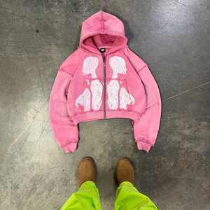 เสื้อครอปมีฮู้ดกระเป๋าข้างดีไซน์ตามสั่งปักลายดอกไม้มีฮู้ดแบบสั้นสำหรับผู้ชายสีซีดแดด - Product Image 4