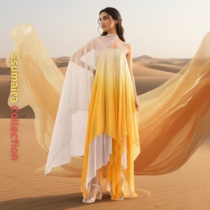 Luxury Ombre <b>Kaftan</b> <b>Dress</b>-Golden & Ivory Layered Chiffon Cape Cotton Bodycon ODM | Ssumaira Collection - Product Image 1