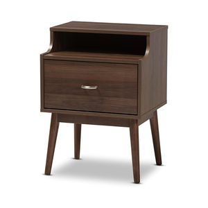 Mesita de noche de madera maciza con acabado marrón nogal moderno de mediados de siglo con 1 cajón y mesita de noche con estante para uso en dormitorio y Hotel - Product Image 2