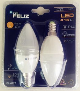 Bombilla LED C37 de Cristal Residencial, 5.5/7/9W, Forma de Vela, Luz Amarilla Cálida de 3000K, Paquete de 2 Unidades, Base E14 - Product Image 1