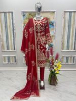 Ensemble haut et pantalon pour femme en faux georgette lourd et élégant avec broderie et bordure de perles, et dupatta assorti - Tenue de soirée/mariage de haute qualité