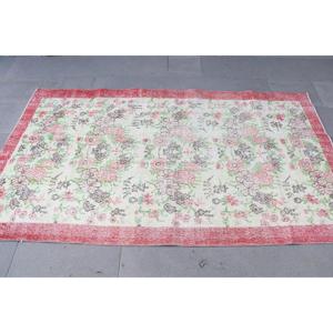 Turkish 3.8x6.7 ft Rug, Area Vintage Rug, <b>Red</b> Pink Abstract <b>Wool</b> Rug - Product Image 4