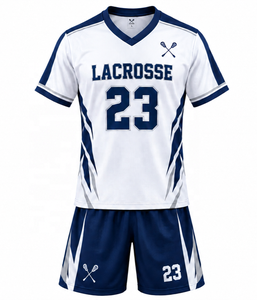 Ensemble short et maillot de lacrosse pour homme, blanc marine, 100 % polyester, imprimé par sublimation, col en V, numéro d'équipe 23, logo frontal, élastique - Product Image 1