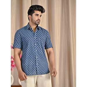 Camisa de Manga Corta para Hombre, Azul, Popelina de Algodón, Estampada, Corte Entallado, Estilo Casual y de Esmoquin, Suministro ODM - Product Image 5