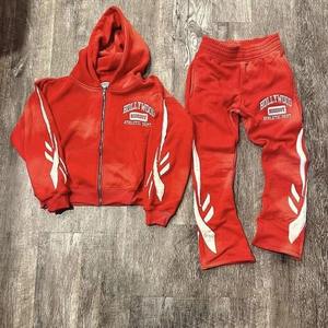 Custom 400 Grams 100% Cotton Plus Size Seamless Sweatpants Hoodie Set Distressed Patch Embroidery Rhinestone Solid Pattern - Product Image 3