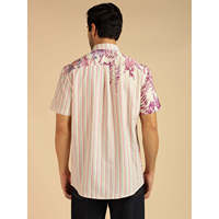 Kemeja Kasual Pria Amanush Putih Bermotif Bunga dengan Cetakan Tempel, Lengan Pendek, Pola Garis, 100% Katun Poplin, Pakaian Musim Panas