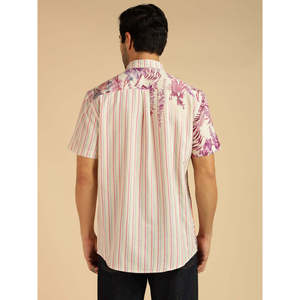 Amanush <b>Men's</b> <b>White</b> Floral Placement Print Short Sleeve <b>Casual</b> <b>Shirt</b> Striped Pattern 100% Cotton Poplin Summer Wear - Product Image 4
