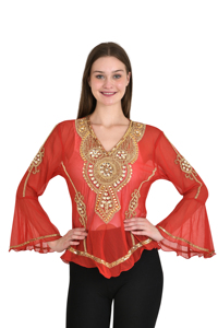 Elegant Women's Beaded Pearl Rhinestone Pleated Blouses Embroidery Georgette Fabric Vintage Style Party Wear Long Kimono Sleeve - Product Image 3