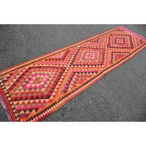 Alfombra Kilim turca clásica 3X10.2ft Rosa Naranja Patchwork Diseño Lana Viscosa Tejido plano Látex Jacquard Rectángulo Pasillo - Product Image 2