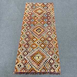 2.4x5.6 ft Rug, Vintage Kilim Rug, Turkish <b>Brown</b> <b>Wool</b> Patchwork Rug - Product Image 1