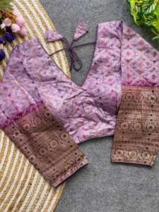 Summer blouse has v-shape neck <b>both</b> froent,back and sabyasachi pattern Blouse jari,and two ton and multy butty print work - Product Image 2