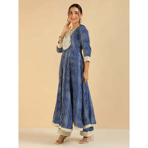 Conjunto de Túnica Elegante Bordada con Rayas Azules y Pantalones Palazzo para Mujer, Mangas Tres Cuartos, Tela Crepé, Primavera/Verano - Product Image 3
