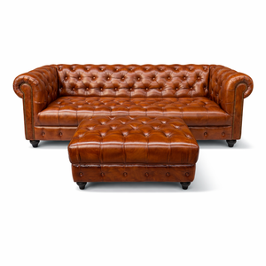 Juego de Sofás Chesterfield de Cuero Genuino, Acolchado, Inflable, Diseño de Mediados de Siglo, para Villa, Múltiples Tamaños y Colores, Con/Sin - Product Image 3