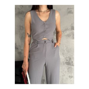 Pantaloni Palazzo da donna lavorati a maglia blu Navy gilet corto abbottonato abito a due pezzi a righe - Product Image 6