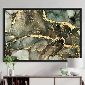 Toile imprimée marbre vert et or moderne, œuvre d'art contemporaine de luxe, 1P : encadrée en noir - Product Image 1