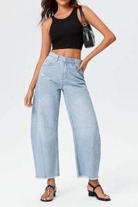 100% coton Baggy Jeans Pantalon Denim populaire moderne avec taille élastique Style avant plat pour l'été - Product Image 3