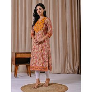 <b>Beige</b> Block-Printed Cotton Jaal Straight Kurti Breathable Woven Fabric 100% Cotton Material - Product Image 6