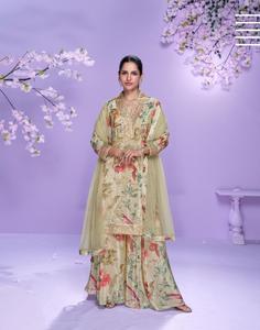Traje Palazzo Vaani Premium en Seda Chinon con Bordado Intenso y Trabajo de Espejo a Mano, Hermosamente Combinado con Dupatta de Malla Plazzo - Product Image 3