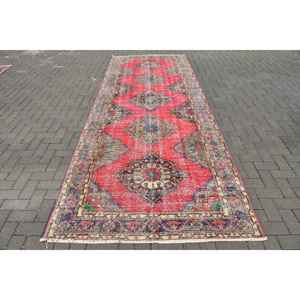 Vintage Turkish Rug, 4.7x12.9 ft <b>Runner</b> Rug, <b>Red</b> Blue Persian Rug - Product Image 1