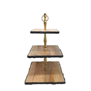Soporte de madera de mango de 3 niveles para pastel, torre de caramelo para decoración de fiesta, color marrón natural, níquel y plateado - Product Image 2