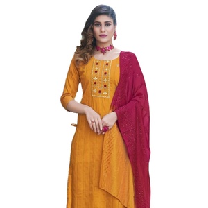 Última colección de Pure Chinon Rayon bordado Kurti Set ropa india y pakistaní - Product Image 1