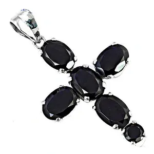 Art Palace Classic 925 <b>Silver</b> Rhodium Plated Trendy <b>Cross</b> Pendant Oval Black Sapphire Stones Claw Set Unisex Religious - Product Image 3