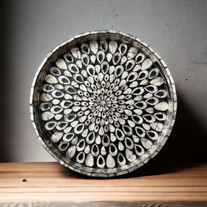 Exclusive Quality <b>Mother</b> of Pearl Serving Tray With Peacock Tail Pattern Wooden Shell Table Decorative Tray With Handle for Sale - Product Image 1