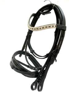 BRIDLE Anatomique Qualité Cuir Noir Rembourré REINS 5 Rangées Noir Argent Cristal - Product Image 5