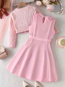 Abito Casual Rosa con Collo Tondo per Ragazze Catpapa - Stile Giacca con Gilet, Gonna Lunga, Colletto con Fiocco e Cintura - Product Image 2
