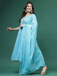 Conjunto de Kurta, Palazzo y Dupatta para Mujer, Color Azul Turquesa, Bordado Floral, Algodón, Corte en A, Lavable a Máquina, Traje de Boda para Ramadán - Product Image 4