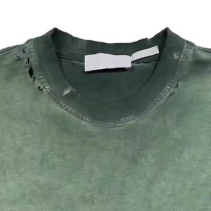 Camiseta de Hombre Estilo Hip Hop, Vintage, Lavada al Ácido, Desgastada, Ajustada, de Punto, con Roturas, Manga Corta, Personalizada, Streetwear, OEM, ODM, al por Mayor - Product Image 4