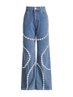 Jean large bleu taille haute pour femme avec chaîne de perles et strass, coupe ample, style streetwear