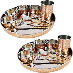 Vaisselle indienne avec logo personnalisé Service de table traditionnel en acier inoxydable et en cuivre, 1 assiette Thali, 5 bols, 1 verre et 1 cuillère - Product Image 1