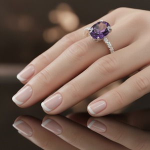 Certified 925 <b>Silver</b> Fine Islamic Engagement <b>Wedding</b> <b>Band</b> Ring Natural Amethyst Oval Cut Prong Set Rhodium Plated Vintage Third - Product Image 5