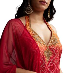 ชุดสูทผ้าไหม Palazzo สีส้มและแดงพิมพ์ลายแบบ bandhani - Product Image 4