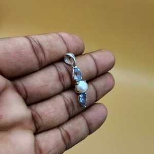 Juego de puntas de perlas de Topacio Azul, colgante de diseñador bohemio de plata fina 925 raro hecho a mano con piedras naturales - Product Image 5