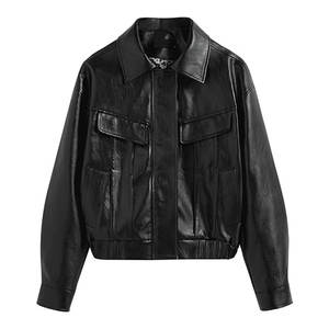 เสื้อแจ็คเก็ตหนังเทียมสำหรับผู้หญิง แขนยาว ดีไซน์เท่ มีปกและกระเป๋าแบบเรียบง่าย สไตล์ลำลอง ทันสมัย - Product Image 1