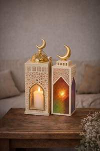 Farol de Ramadán de Oro Blanco Premium con Estrella Creciente, Luz LED Cálida, Tallado Intrincado, Elegante Decoración Festiva para el Hogar, Regalo - Product Image 4