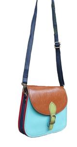 Sac à bandoulière élégant en cuir véritable recyclé marron et bleu, écologique et durable pour femmes, fabriqué en Inde - Product Image 2
