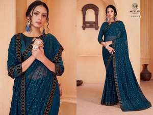 Bellamente diseñado Premium Georgette Saree con Secuencia de trabajo Velvet Border Crush Plisado Bodas Indian Trending Market Item - Product Image 5