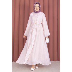 Robe de soirée en mousseline de soie rose poudré, coupe trapèze, avec broche dorée et boléro, confortable, tailles XS-XXL, pour les soirées - Product Image 3